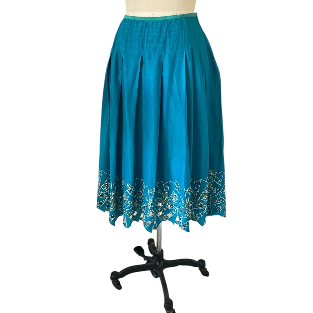 Nic + Zoe Teal Box Pleated Circle Skirt with Cutwork and Embroidery, Sz 14 NW